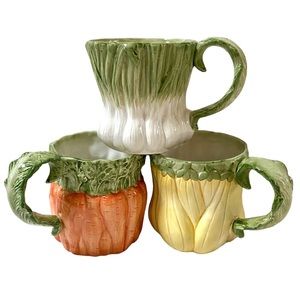 VINTAGE FITZ & FLOYD 1988 (3) VEGETABLE GARDEN MUGS, HAND PAINTED